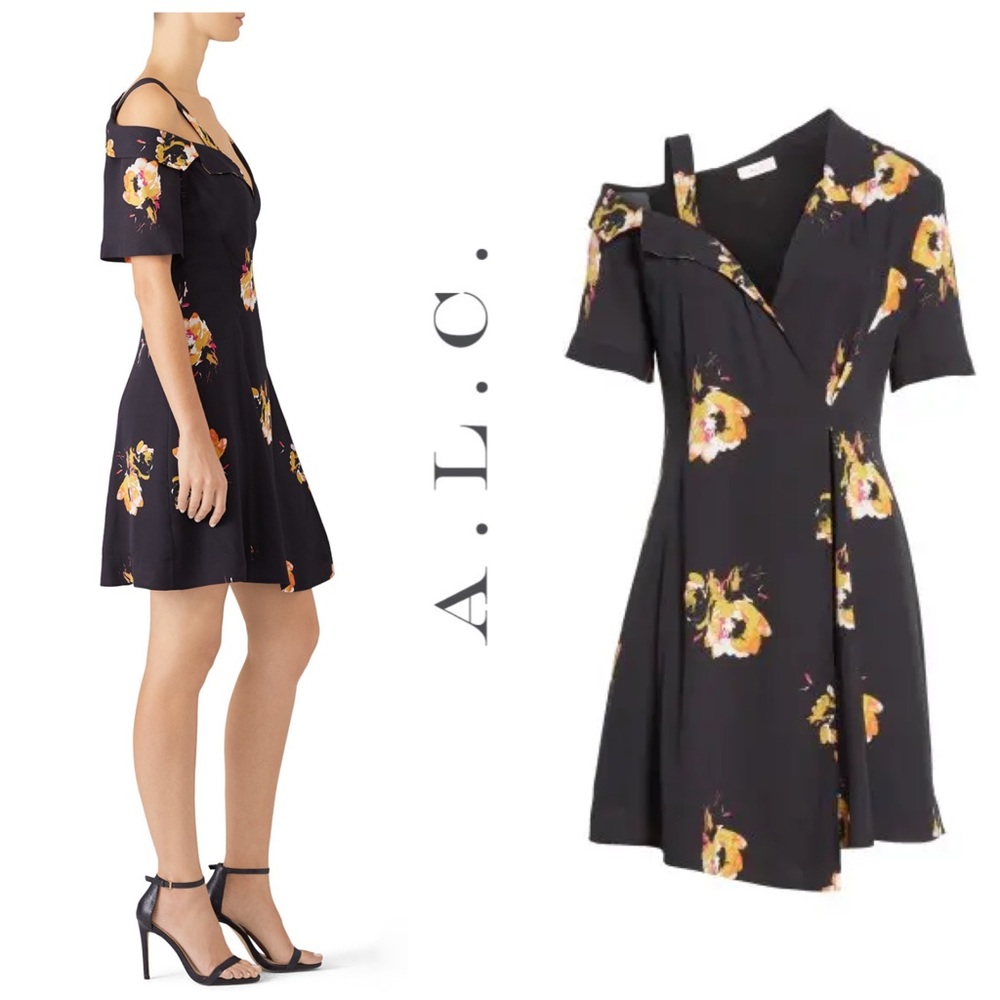 NWT A.L.C. Floral Silk Crepe Cold Shoulder Dress - Picture 4 of 13